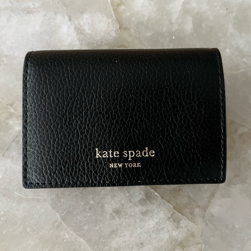NWOT KATE SPADE WALLET Black Leather with Pink/Cream interior and a gold detail